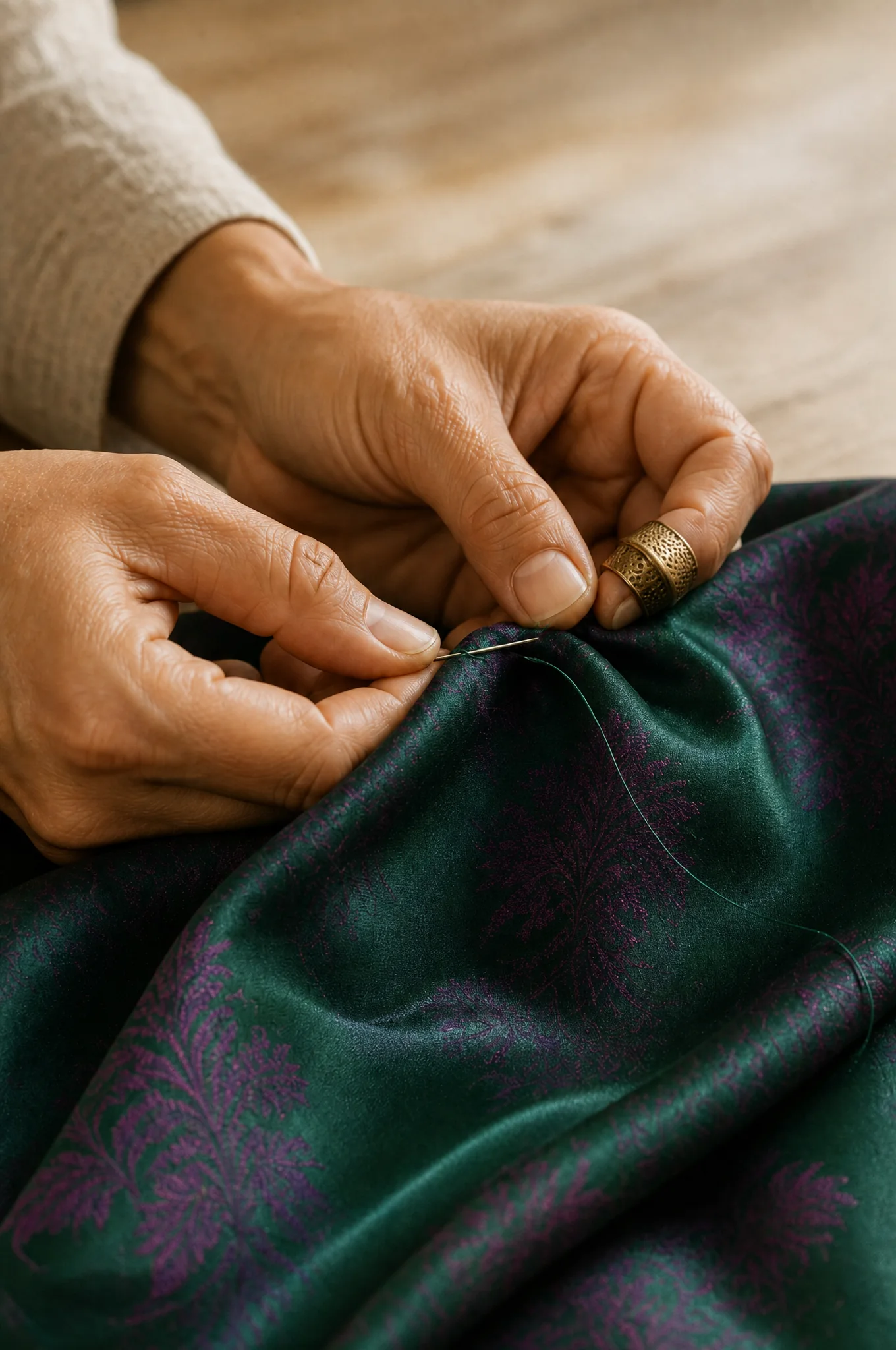 Hands stitching emerald floral silk by hand
