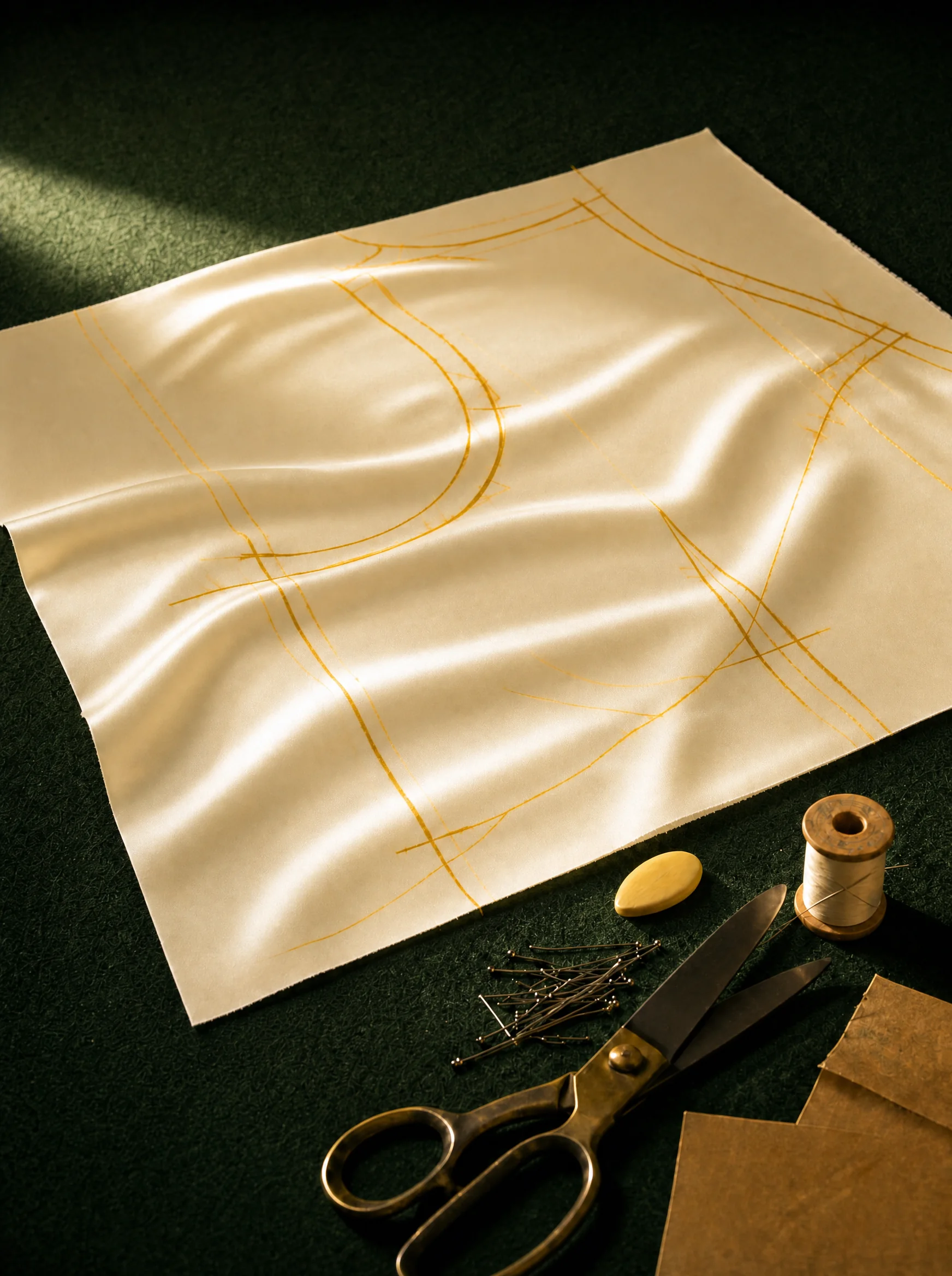Ivory silk chalked with a pattern, with shears, pins and thread